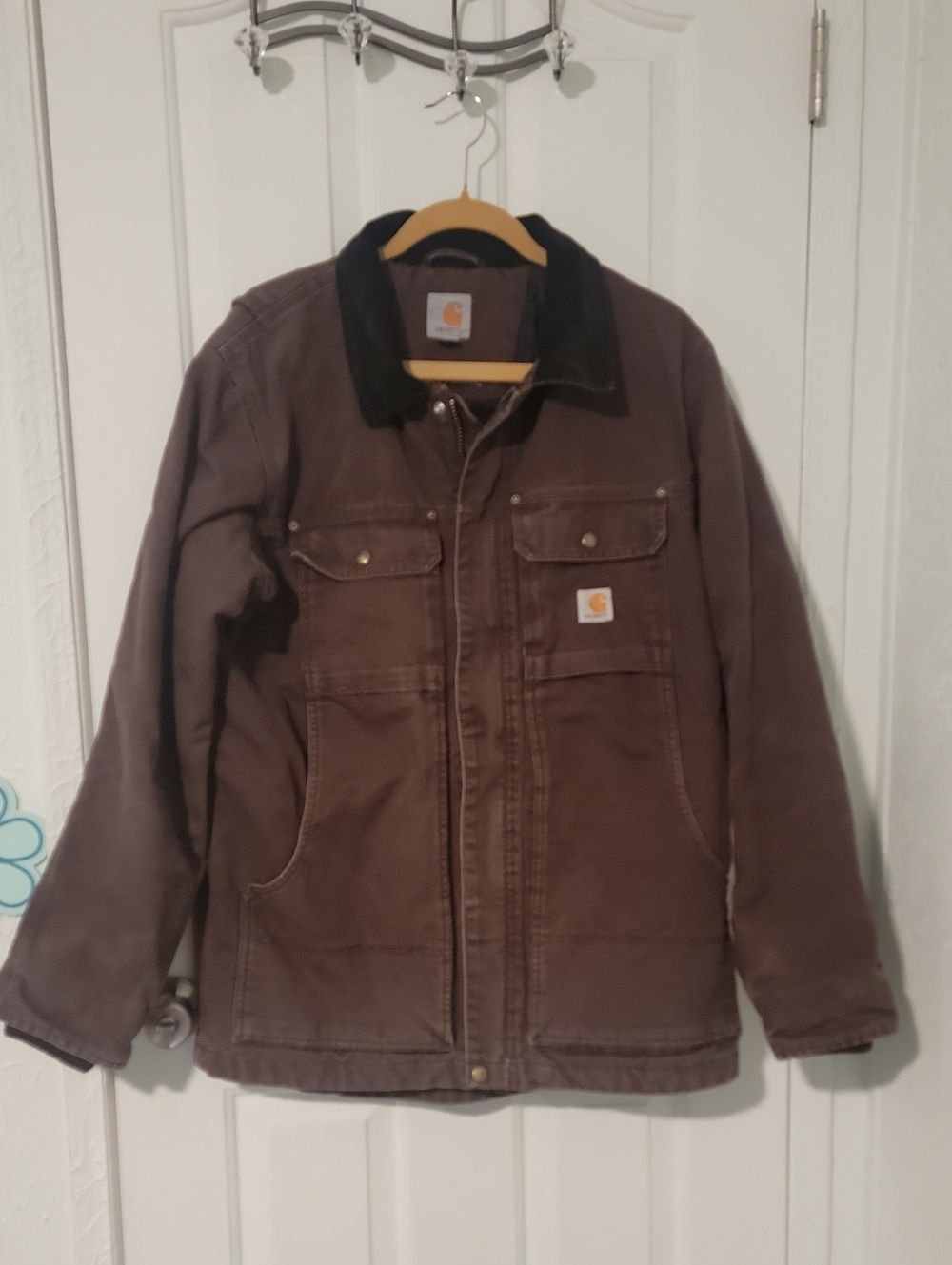 Carhartt Full Swing Chocolate Brown Jacket, Black Corduroy Collar Men's Medium